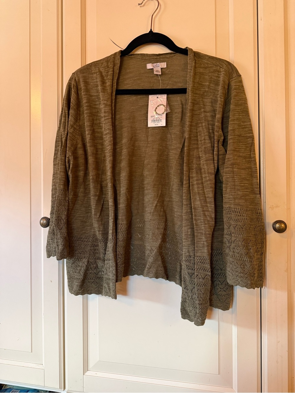 croft & barrow Olive Open-Front Crochet-Hem Cardigan